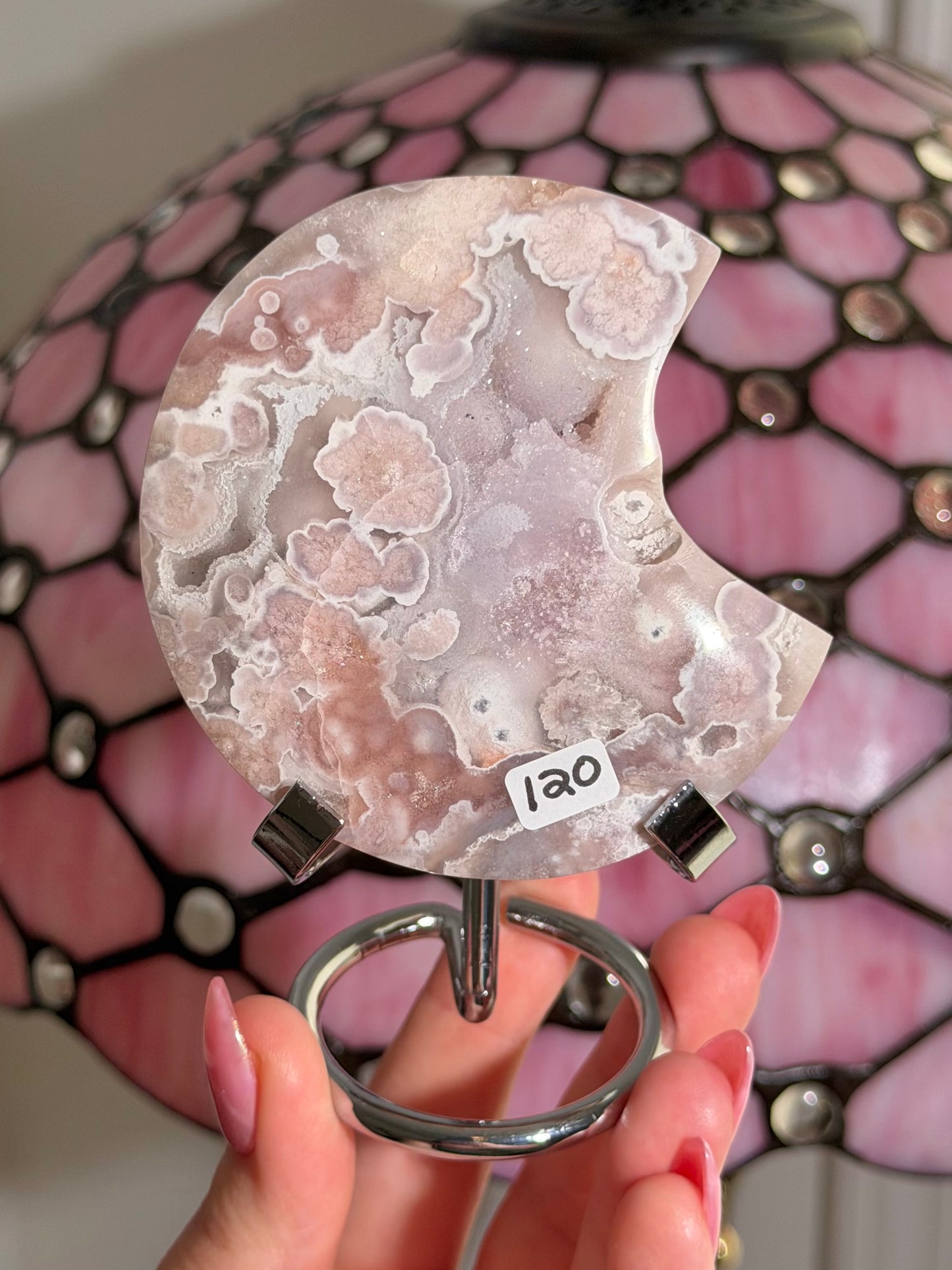 Pink amethyst x flower agate moon on stand