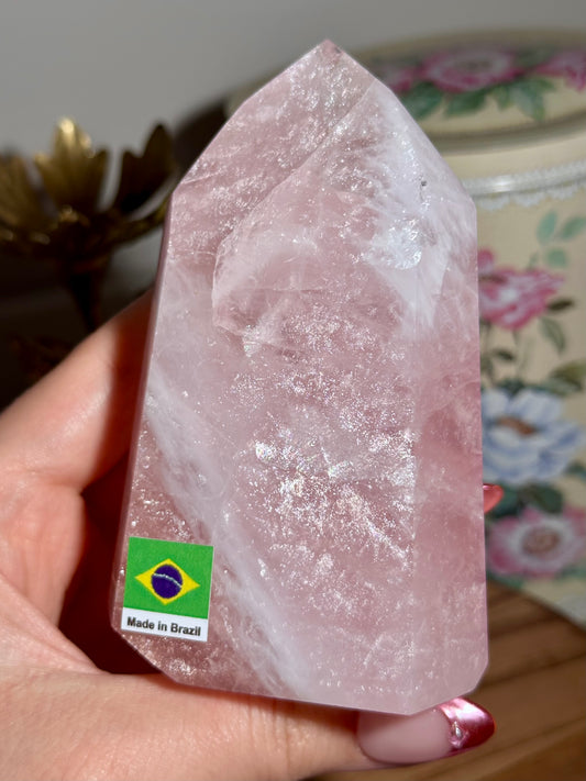 Glittery Brazilian rose quartz tower