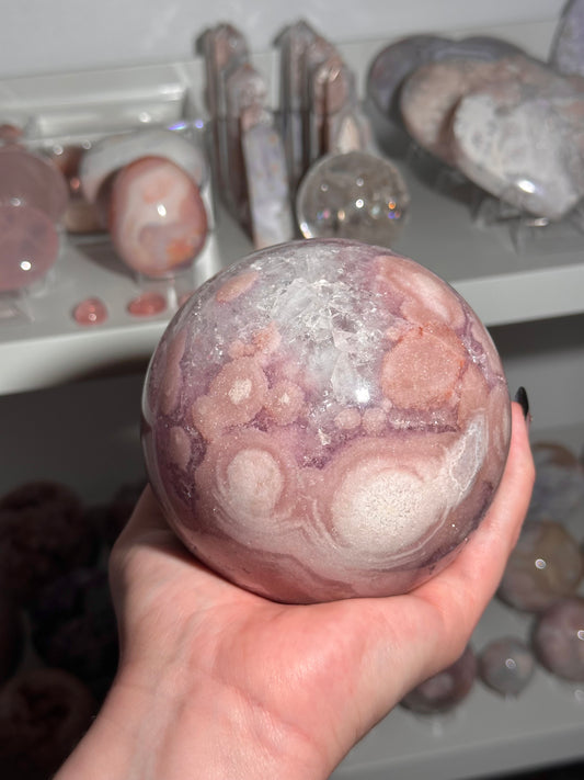 Statement Brazilian pink amethyst x flower agate sphere with sparkly quartz