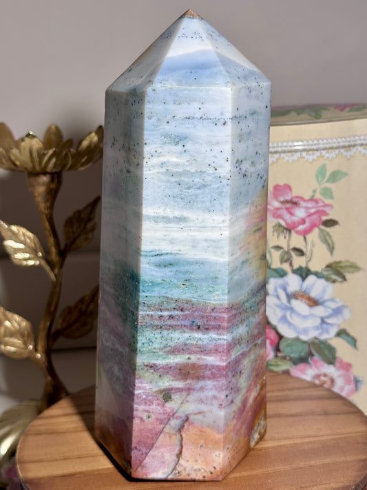 Pastel rainbow sea jasper tower with pyrite