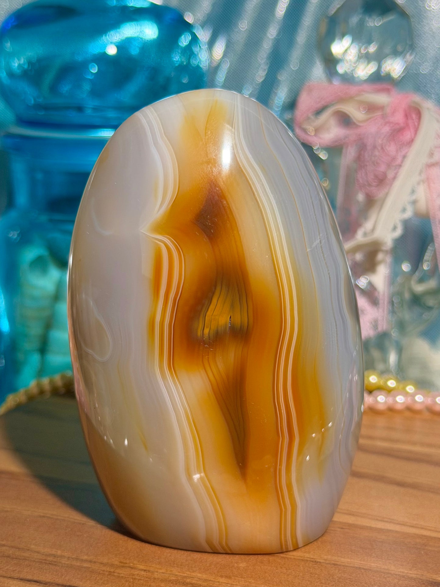 Blue and yellow pastel banded agate freeform from Madagascar