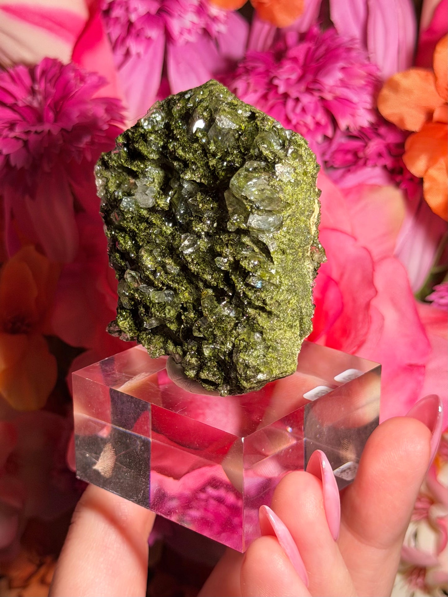 Fairy Quartz Epidote specimen on stand from Hakkari, Turkey