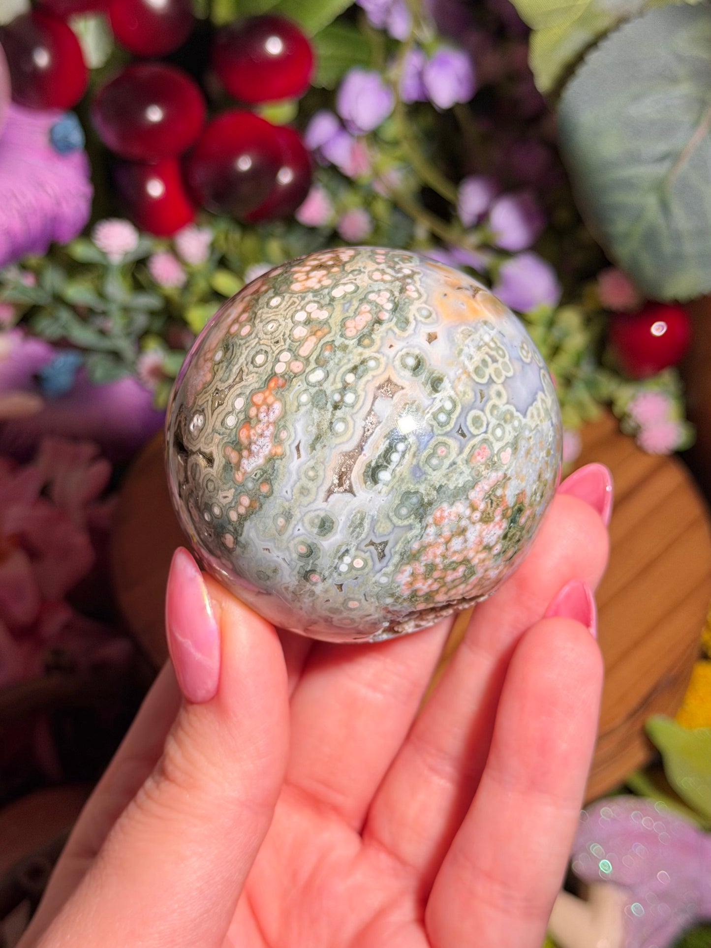 Green and pink 8th Vein Ocean Jasper sphere