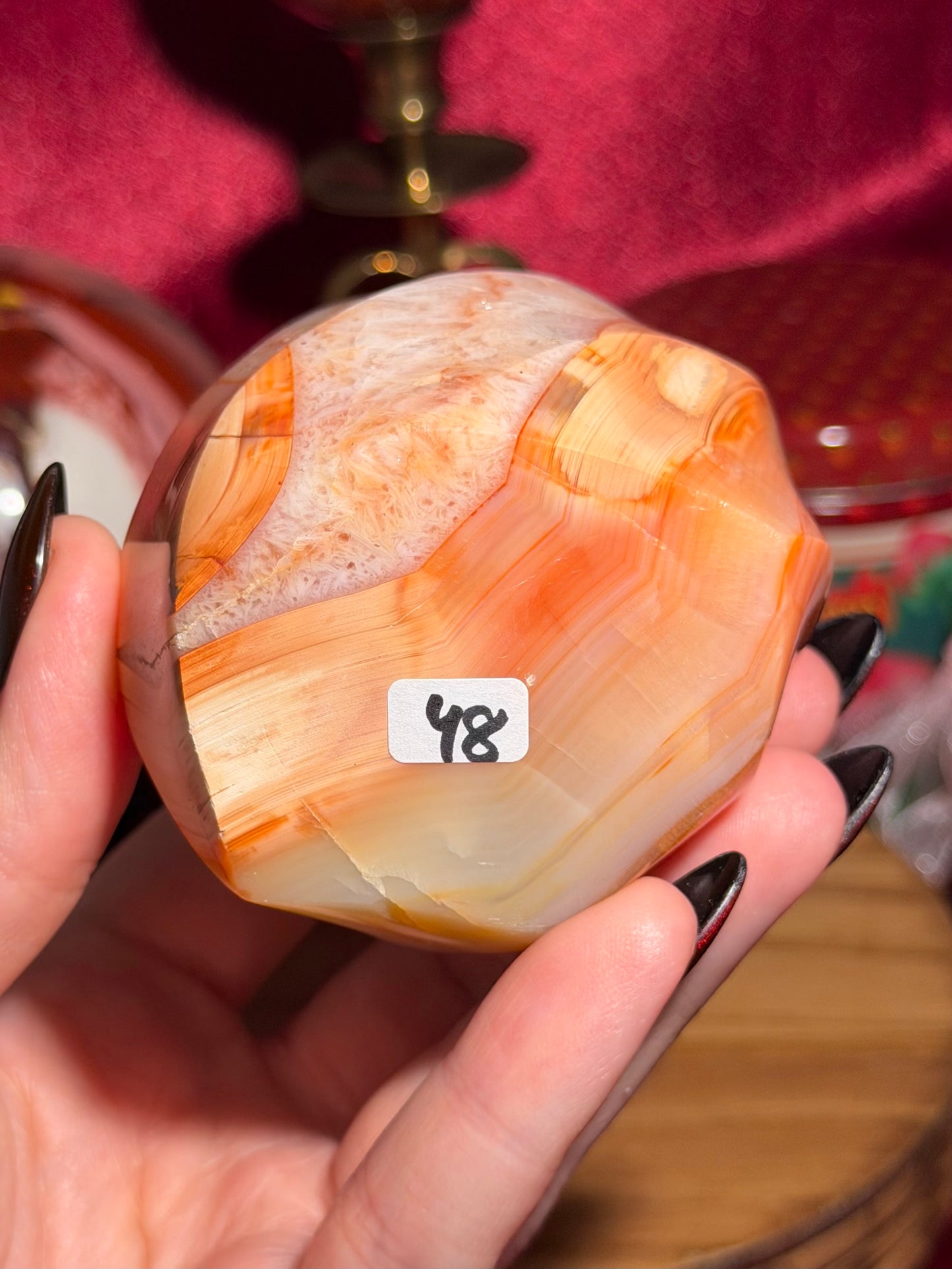 Peachy yellow carnelian flame with quartz