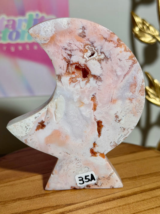 Pink carnelian self-standing moon carving from Indonesia (35A)