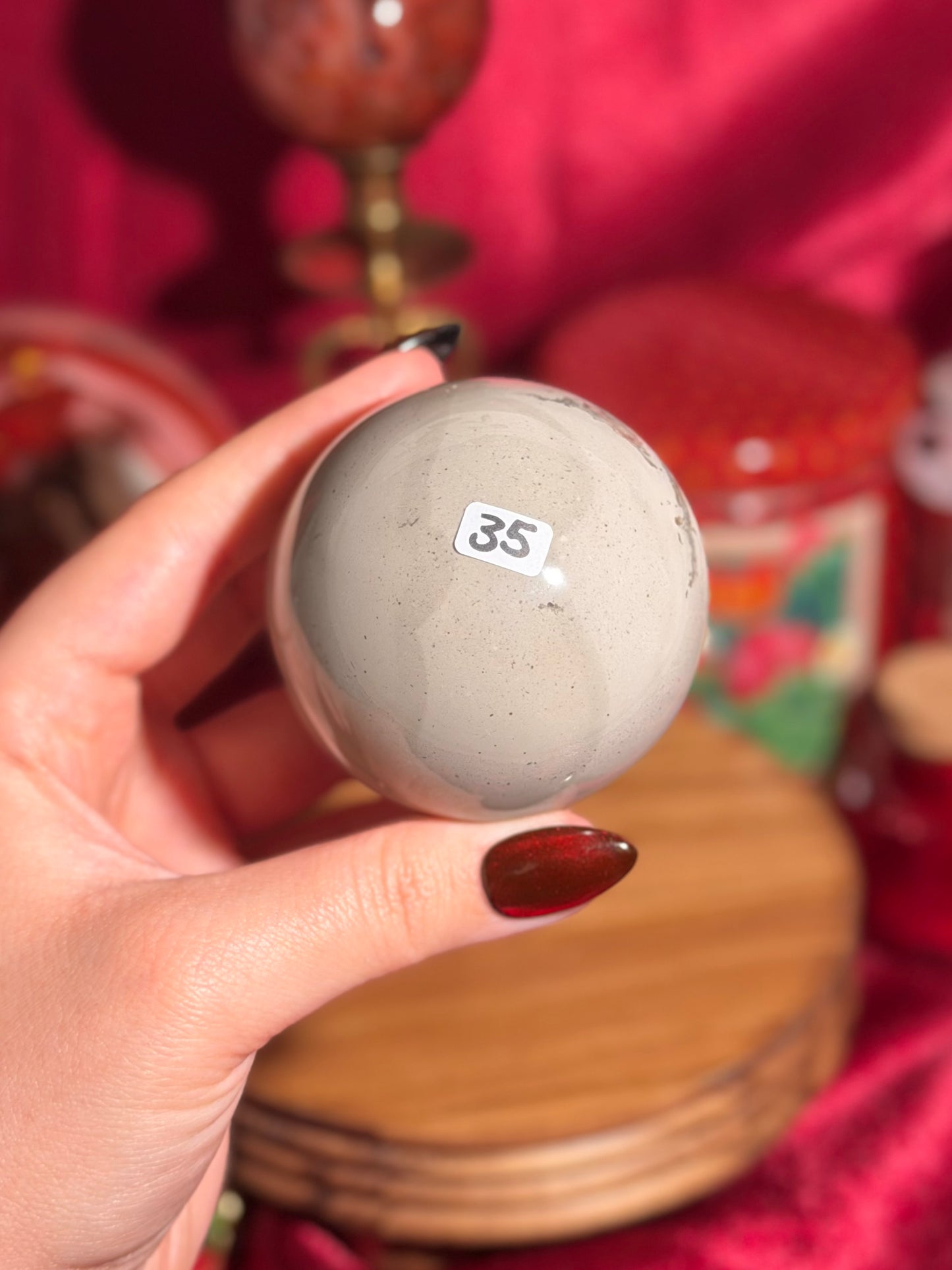 Cool grey polychrome jasper sphere with a pop of pink