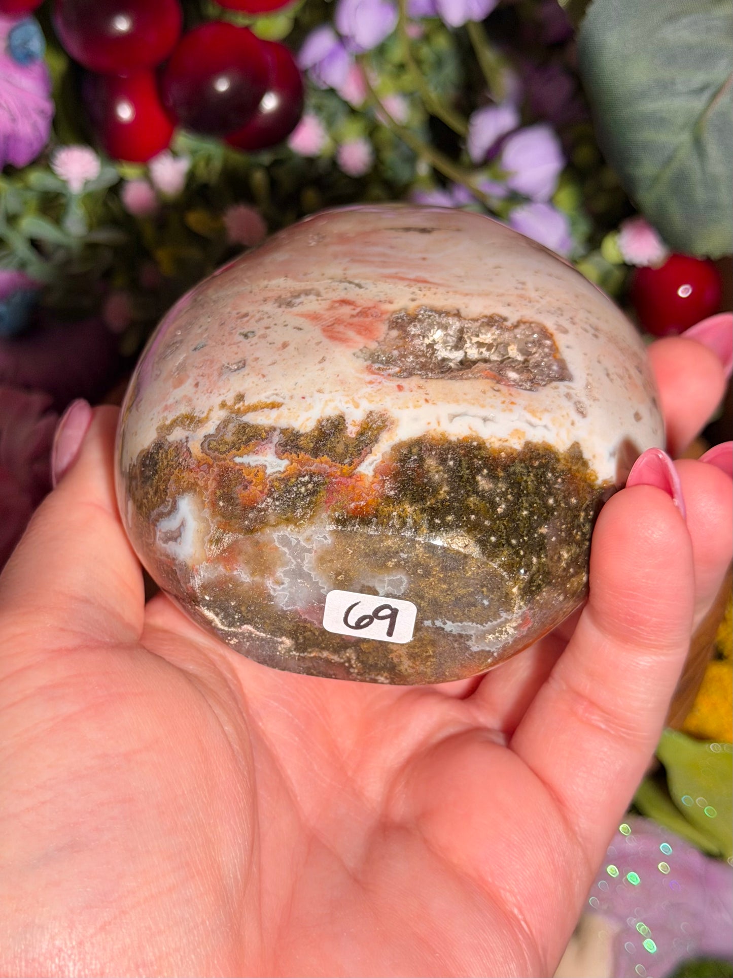 Pastel rainbow sea jasper freeform with quartz pocket