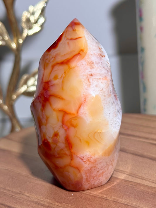 Rainbow carnelian flame with natural red druzy cave