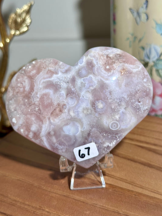 Large pink amethyst x flower agate heart carving with lilac sugar druzy