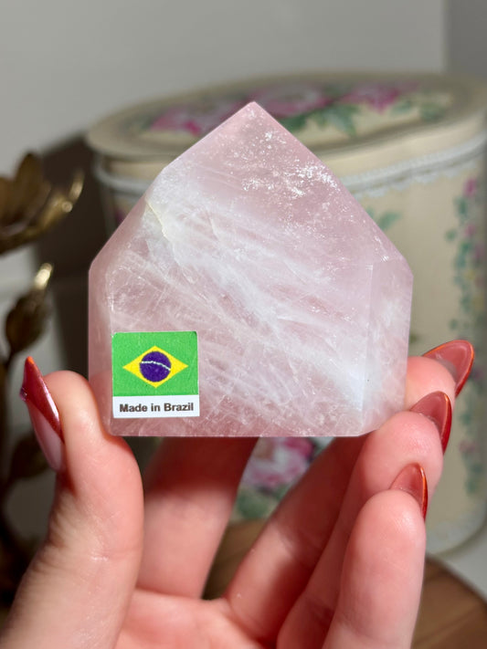 Glittery Brazilian rose quartz mini tower