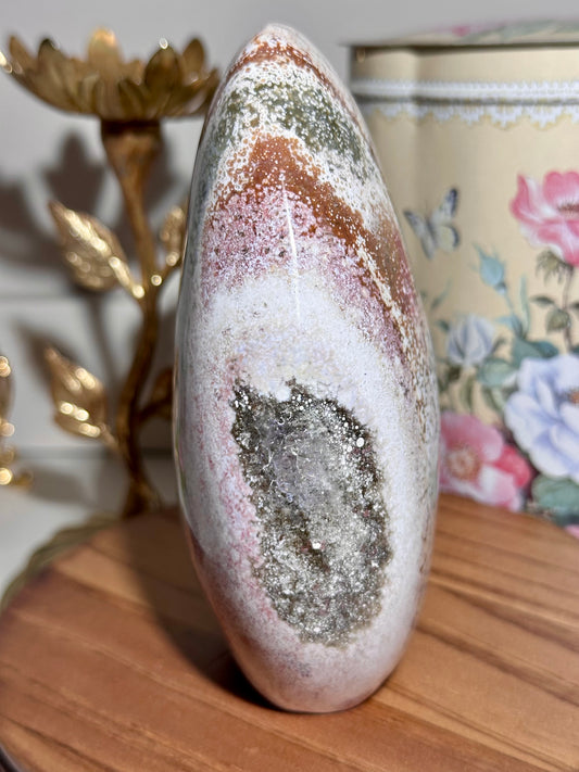 Pastel beachy sea jasper freeform with quartz inclusions