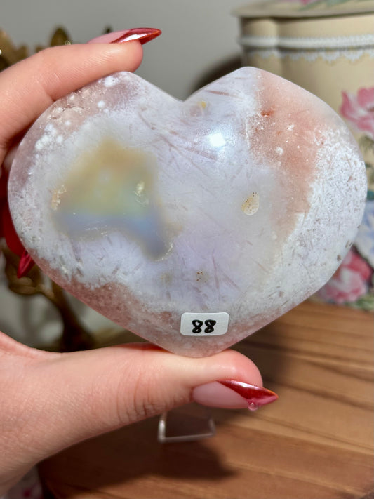 Large pink amethyst x flower agate heart carving with pink druzy