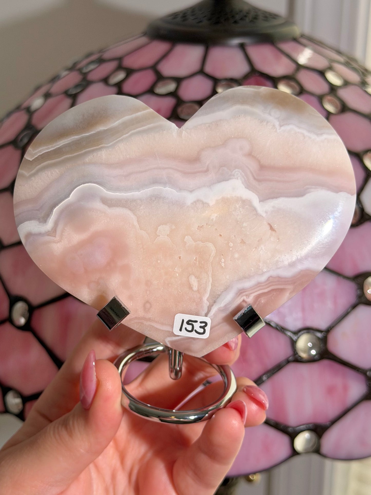 Pink amethyst x flower agate heart on stand