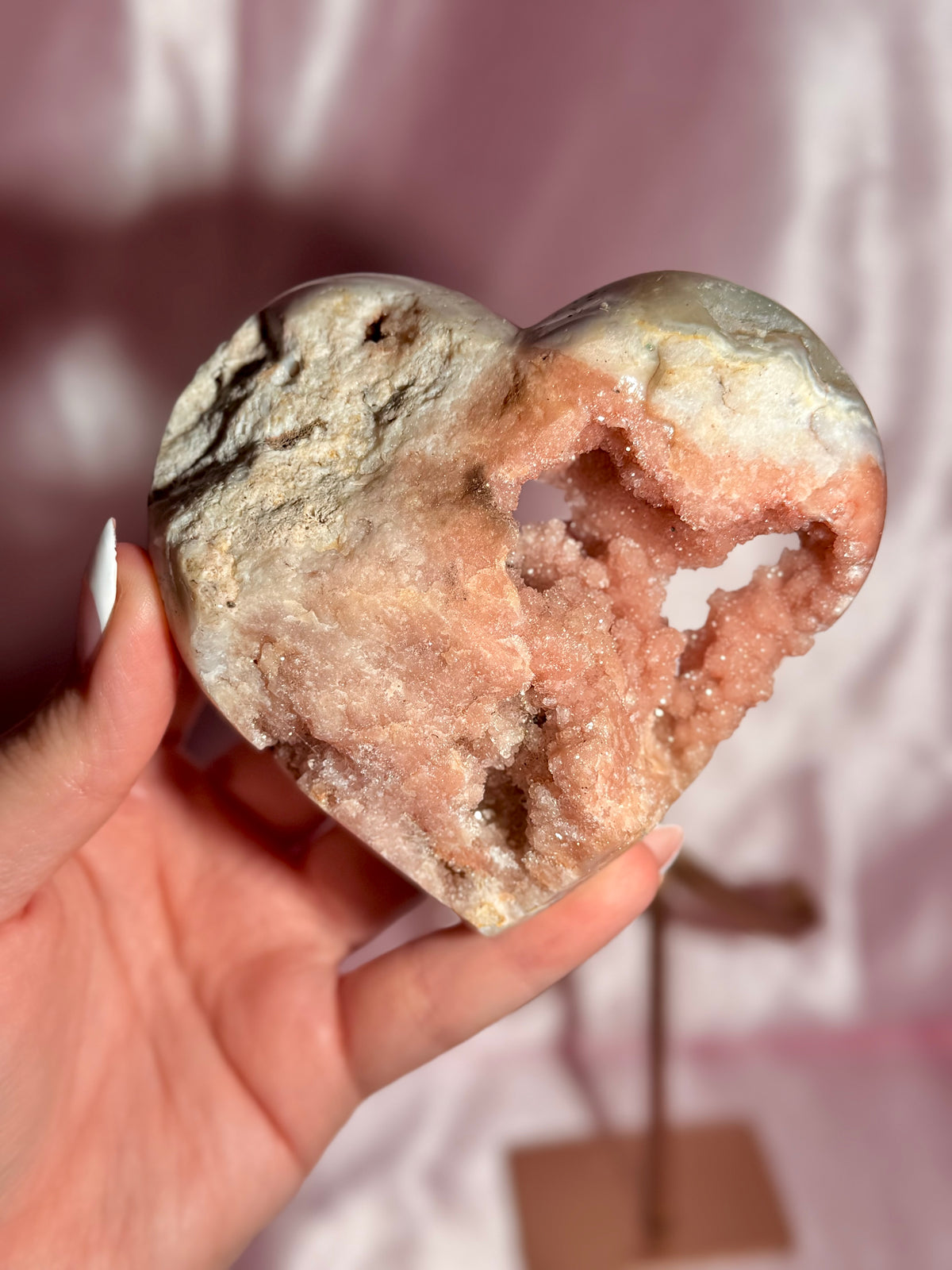 Brazilian Pink Amethyst Heart On Stand