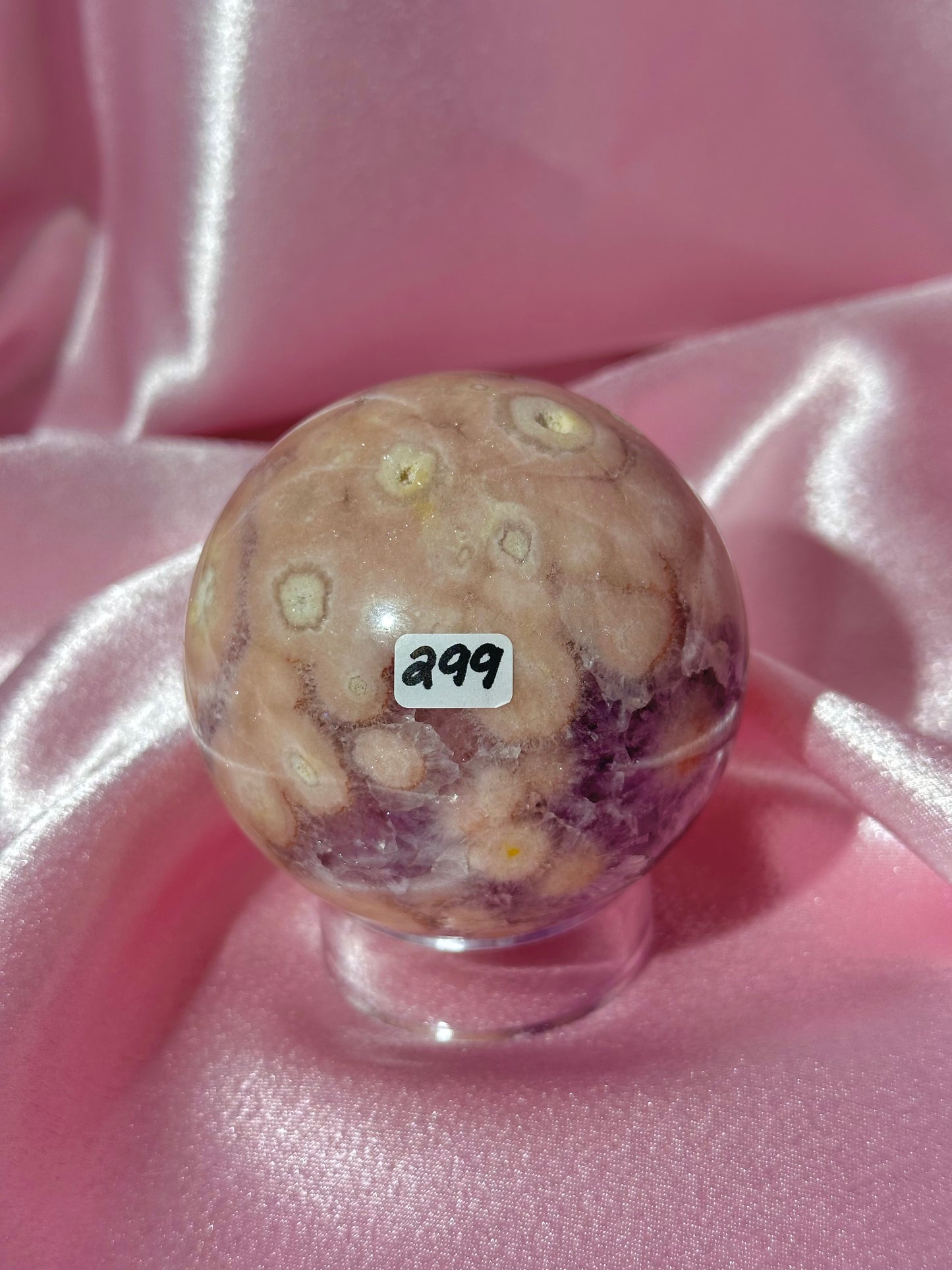 Brazilian pink amethyst x flower agate sphere with druzy cave