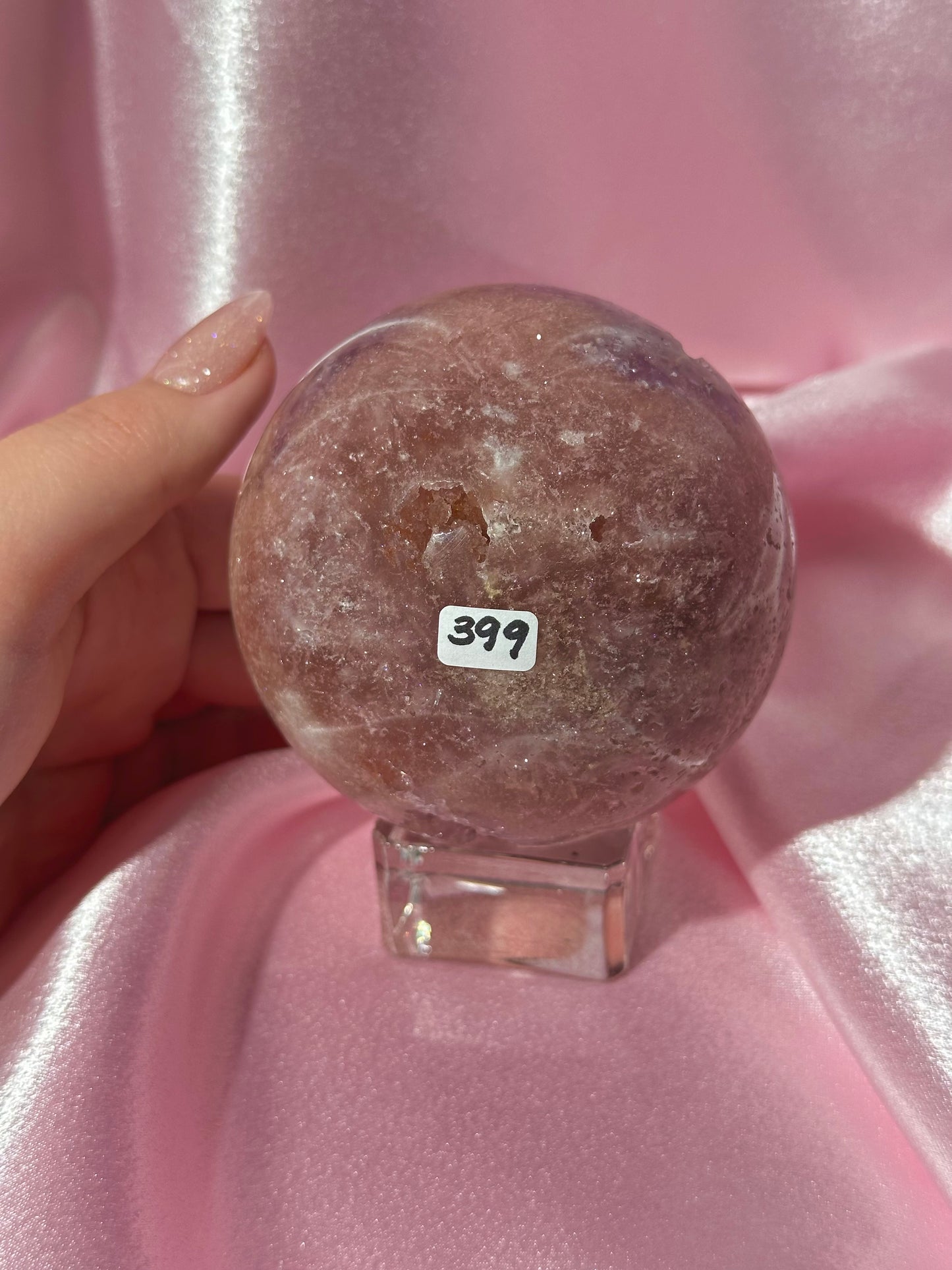 Brazilian pink amethyst x flower agate sphere with purple quartz-filled druzy cave