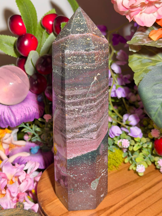 Pink and green sea jasper tower