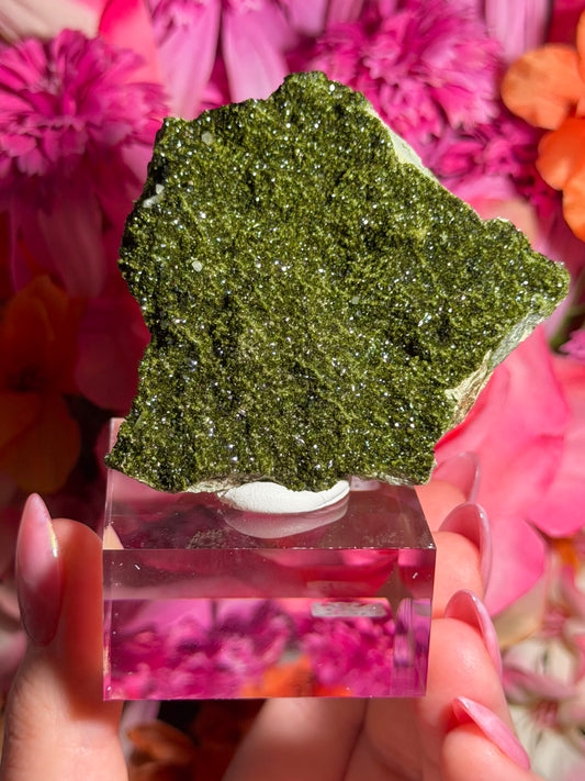 Fairy Quartz Epidote specimen on stand from Hakkari, Turkey
