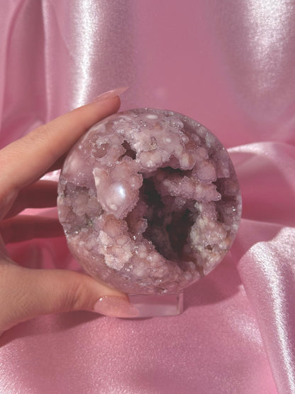 Brazilian pink amethyst x flower agate sphere with bubbly druzy cave