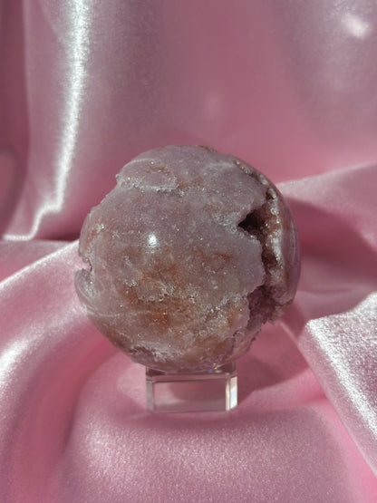 Brazilian pink amethyst x flower agate sphere with bubbly druzy cave