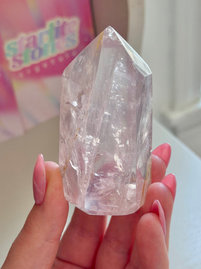 Icy rose quartz tower with dendrites