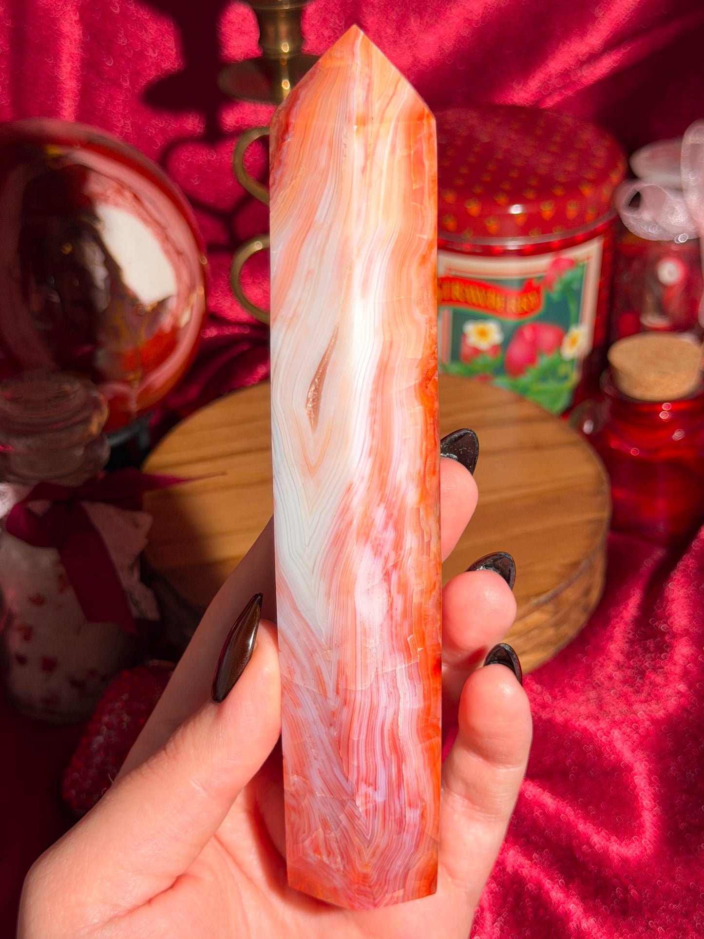 Strawberry pink banded carnelian tower