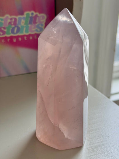 Glassy pink rose quartz tower