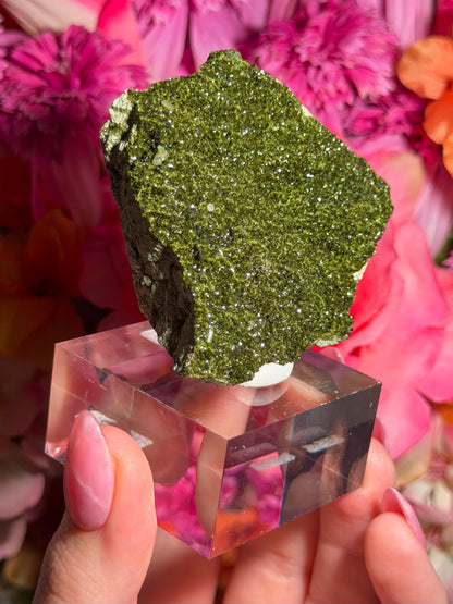 Fairy Quartz Epidote specimen on stand from Hakkari, Turkey
