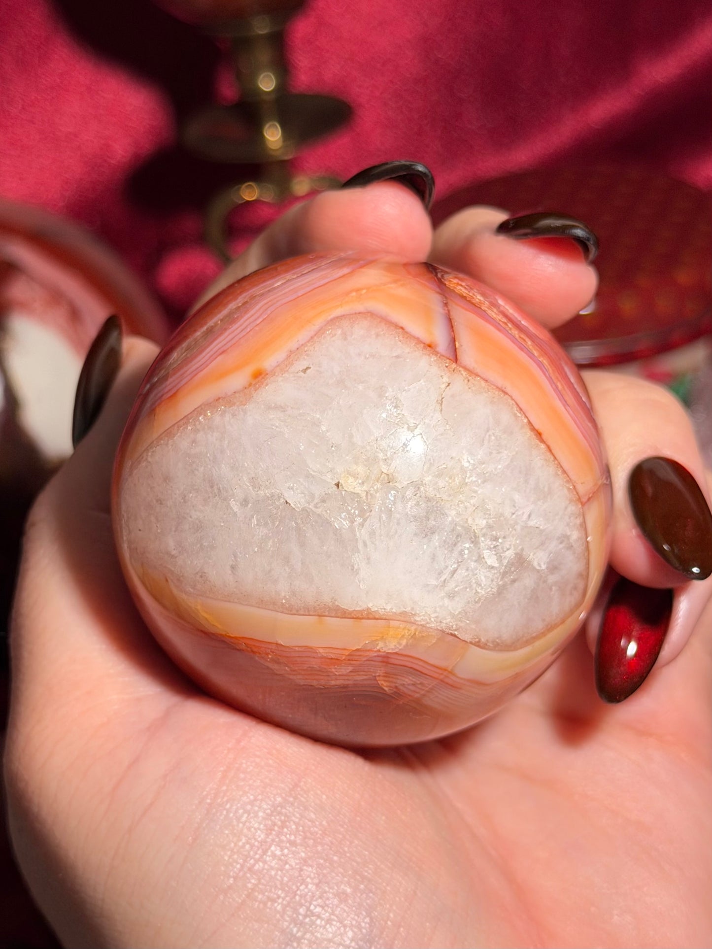 Rainbow carnelian sphere with quartz
