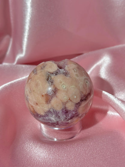 Brazilian pink amethyst x flower agate sphere with druzy cave