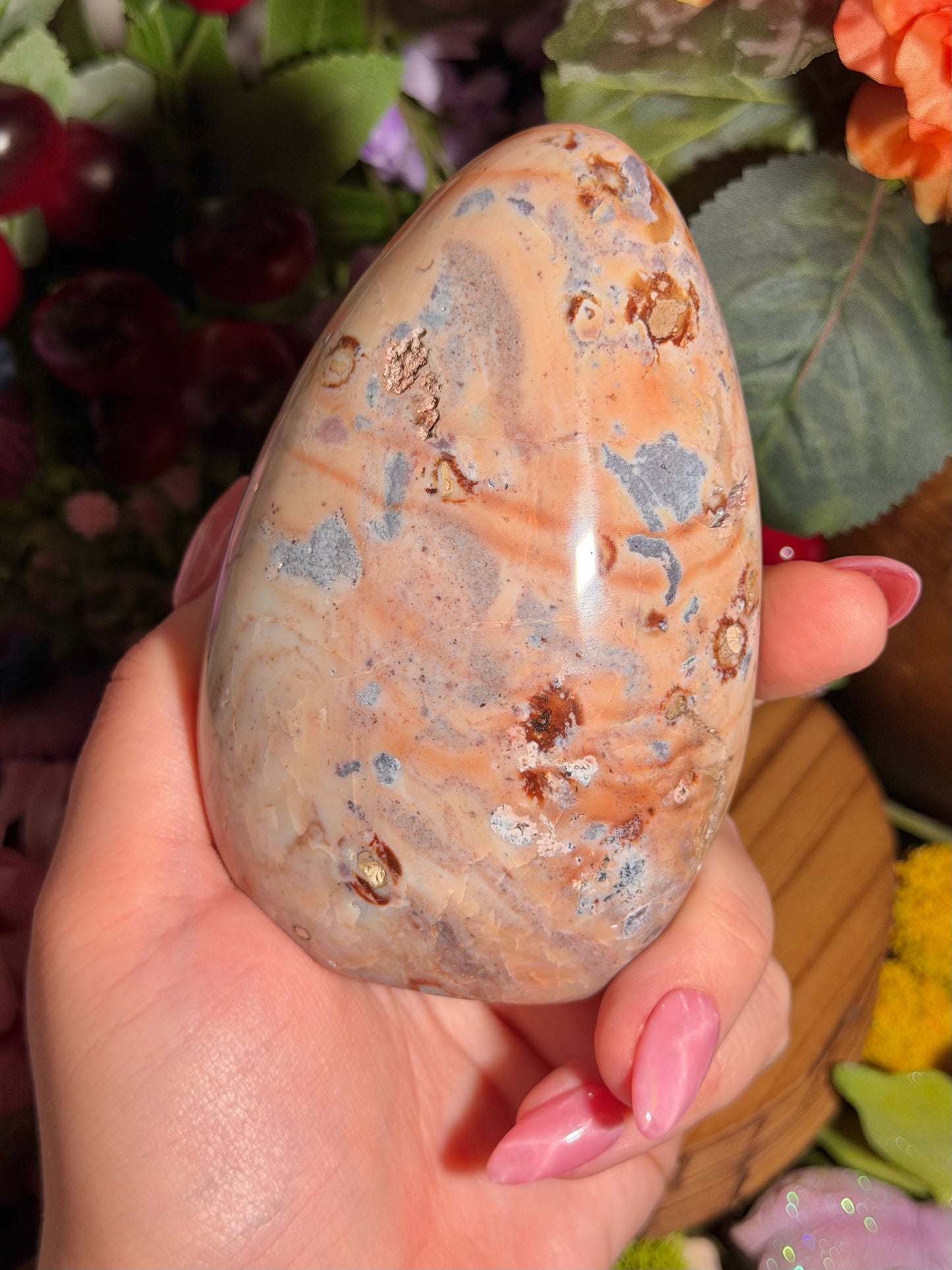 Peachy sea jasper freeform with pops of purple