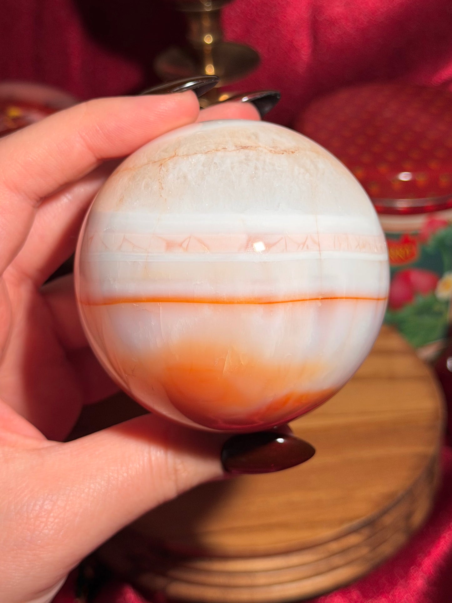 Pastel cool toned pink carnelian sphere with quartz 75mm
