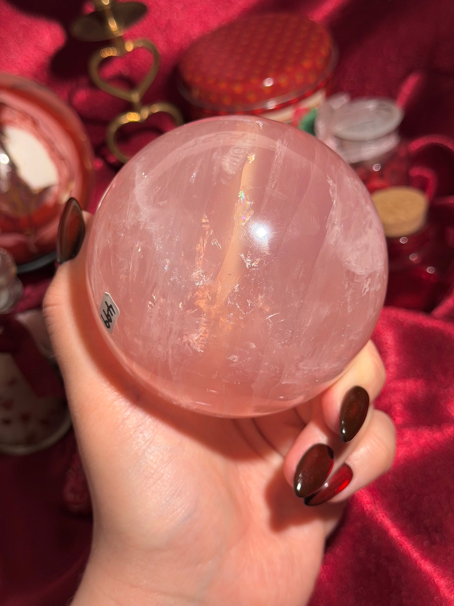High quality star rose quartz sphere with golden glittery flash