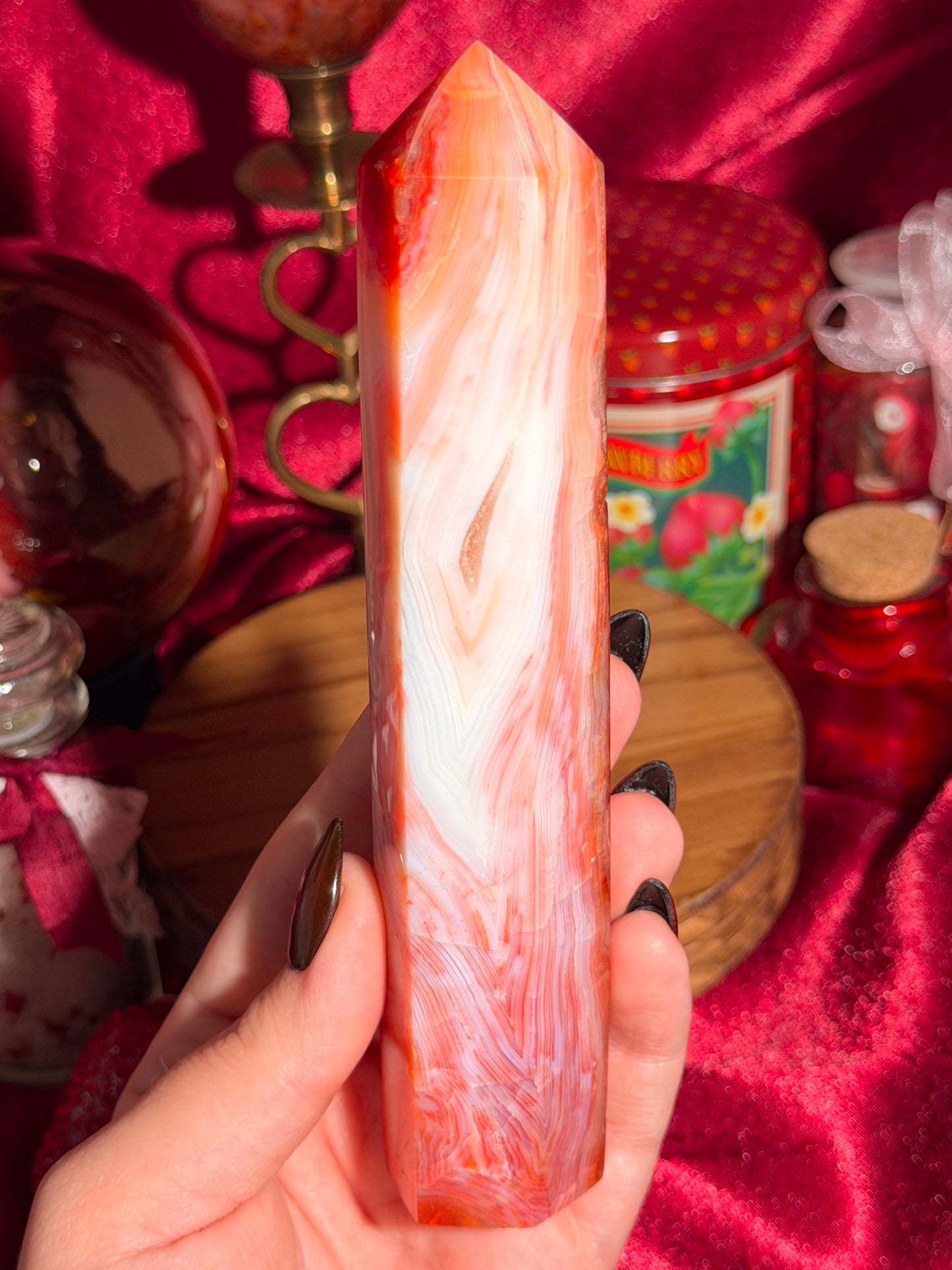 Strawberry pink banded carnelian tower