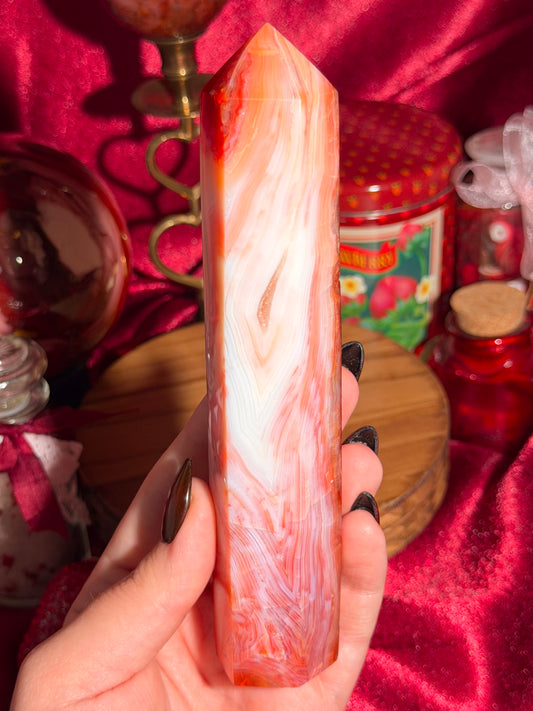Strawberry pink banded carnelian tower