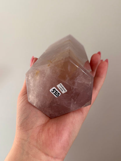 Statement Glassy Purple-toned star rose quartz tower with bright “rainbow” asterism & golden healer