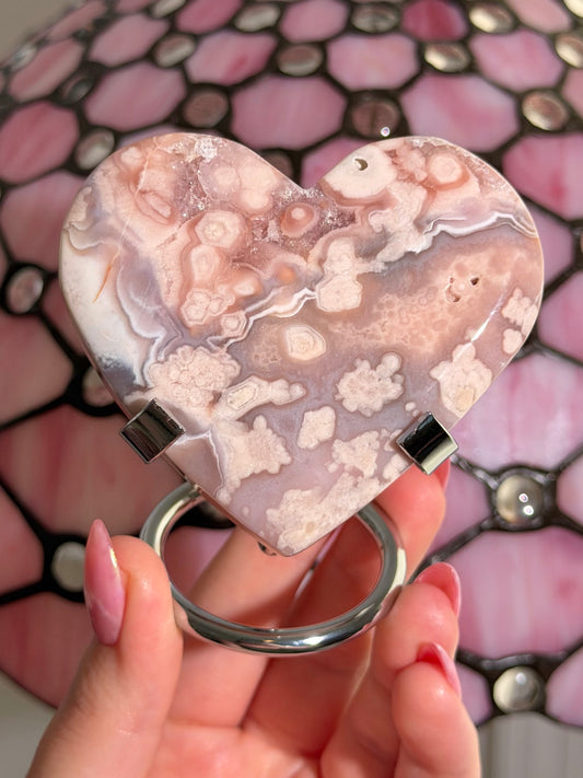 Pink amethyst x flower agate heart on stand