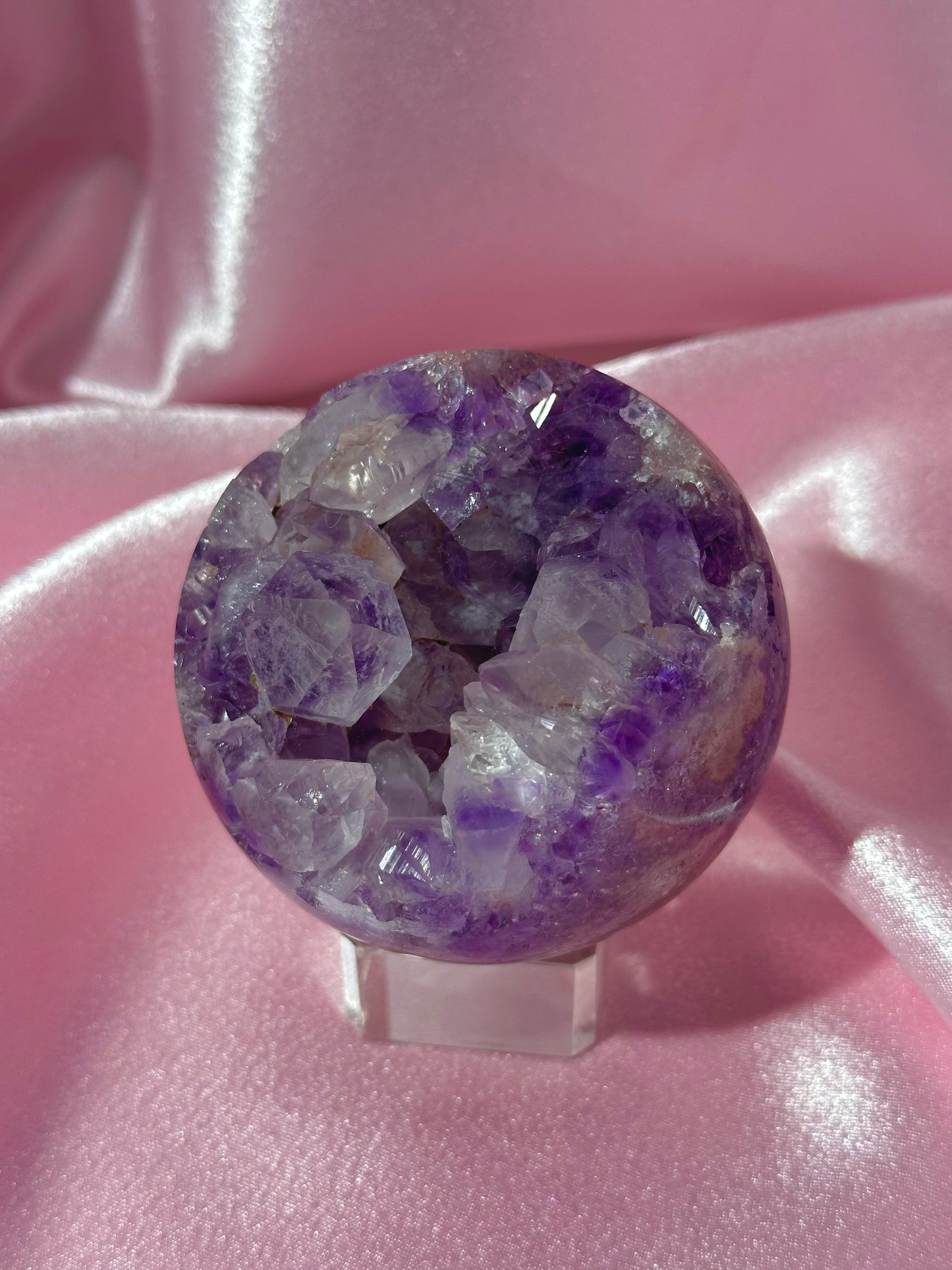 Grape jelly purple Brazilian pink amethyst sphere with unique quartz caves