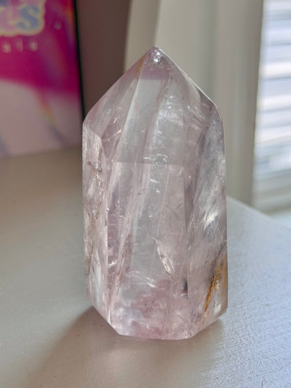 Icy rose quartz tower with dendrites