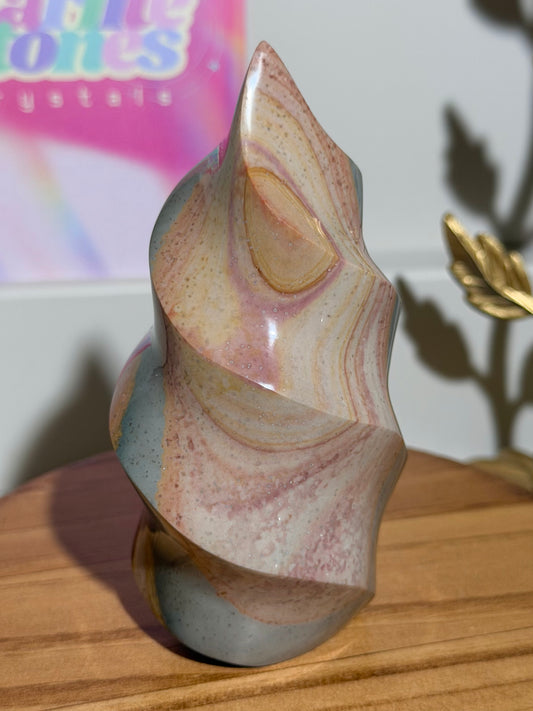 Pink and blue polychrome jasper twisty flame
