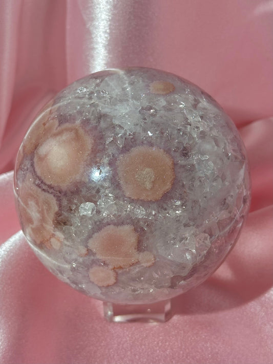 Statement Brazilian pink amethyst x flower agate sphere with sparkly quartz