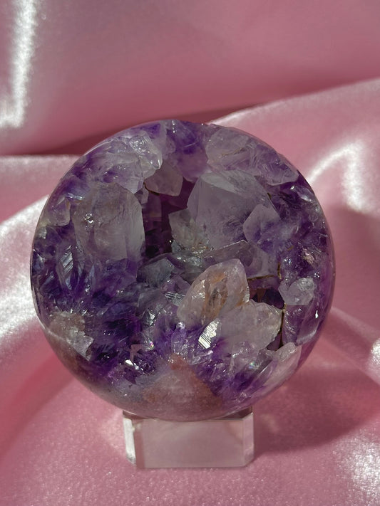 Grape jelly purple Brazilian pink amethyst sphere with unique quartz caves