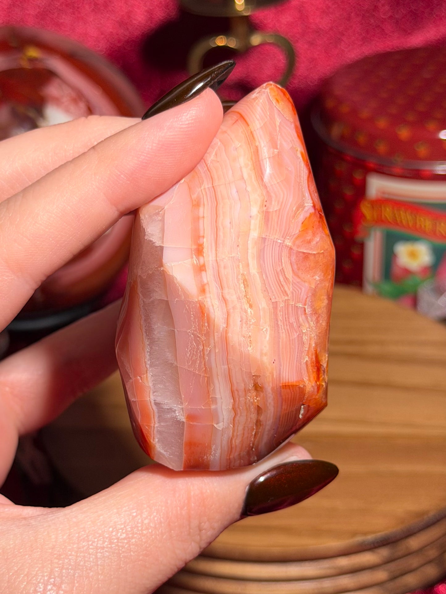 Pastel pink carnelian flame with quartz
