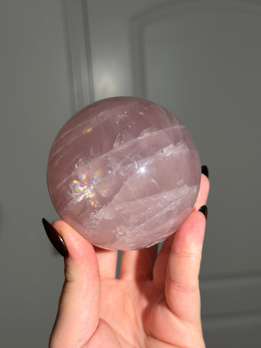 “Rainbow flower” 12-ray star rose quartz sphere - 85mm 2lbs