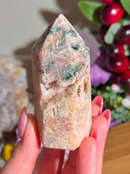 Fairy green jasper mixed with pink amethyst tower from Brazil