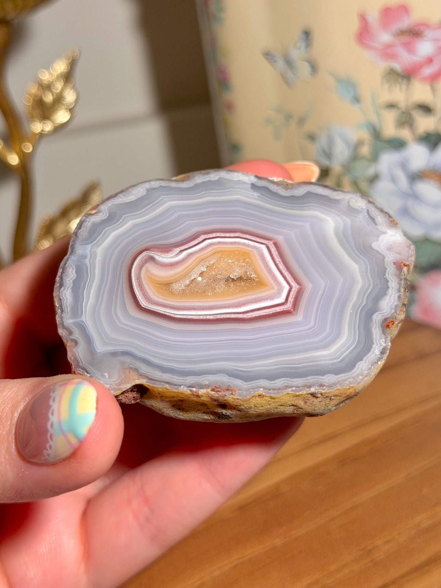 Large blue Laguna agate with perfect yellow and red banding