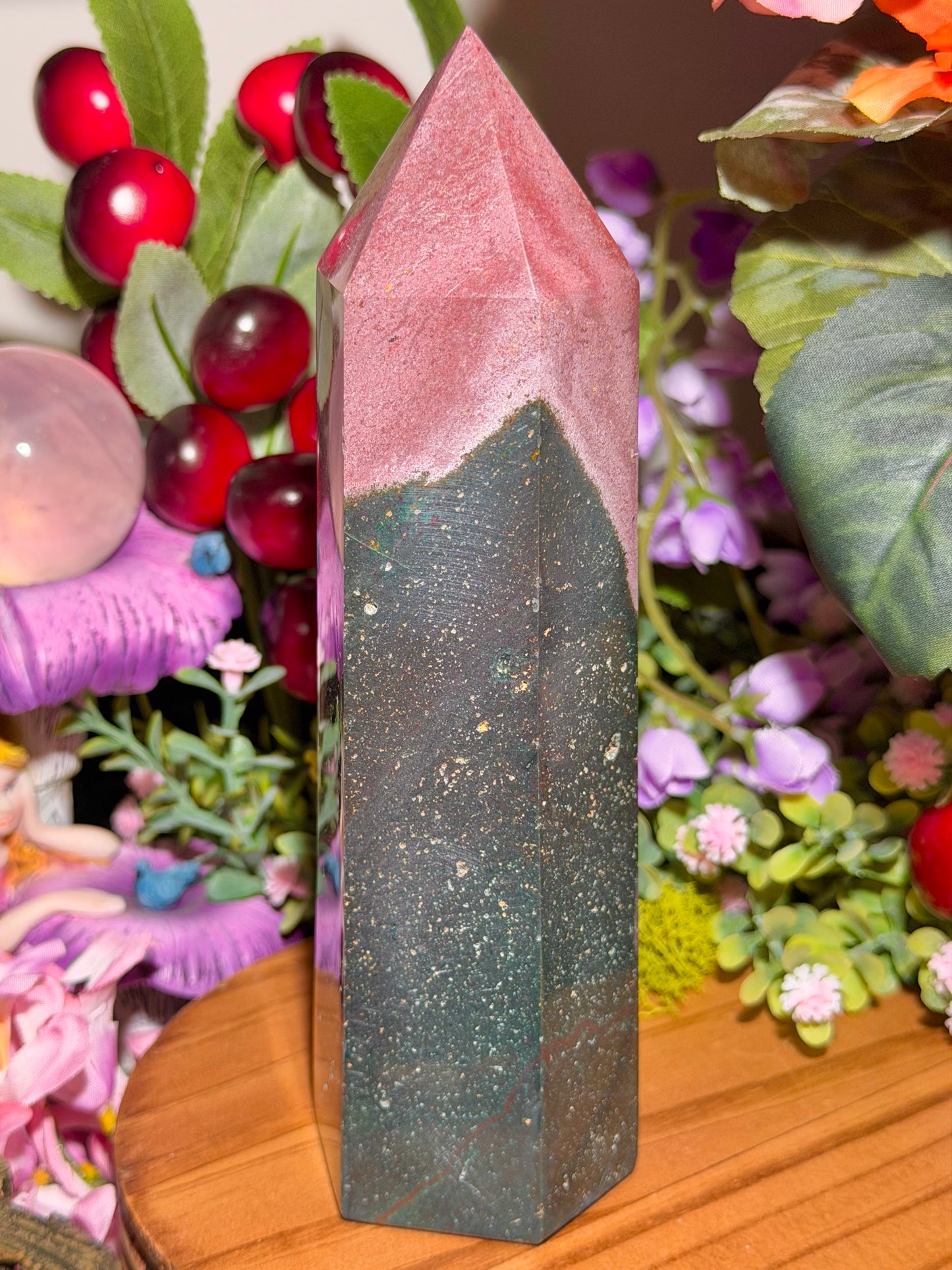 Pink and green sea jasper tower
