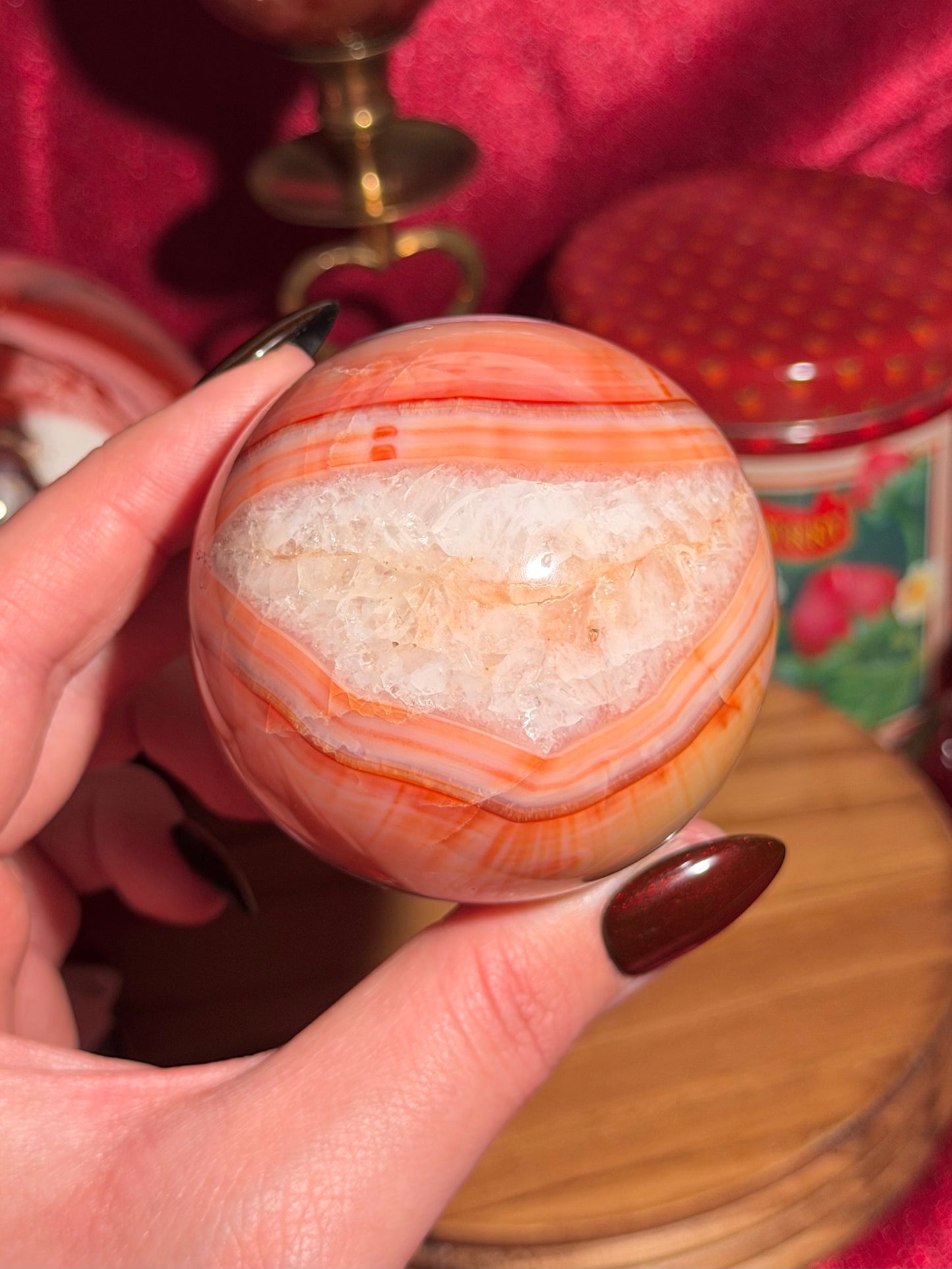 Rainbow banded carnelian sphere 65mm