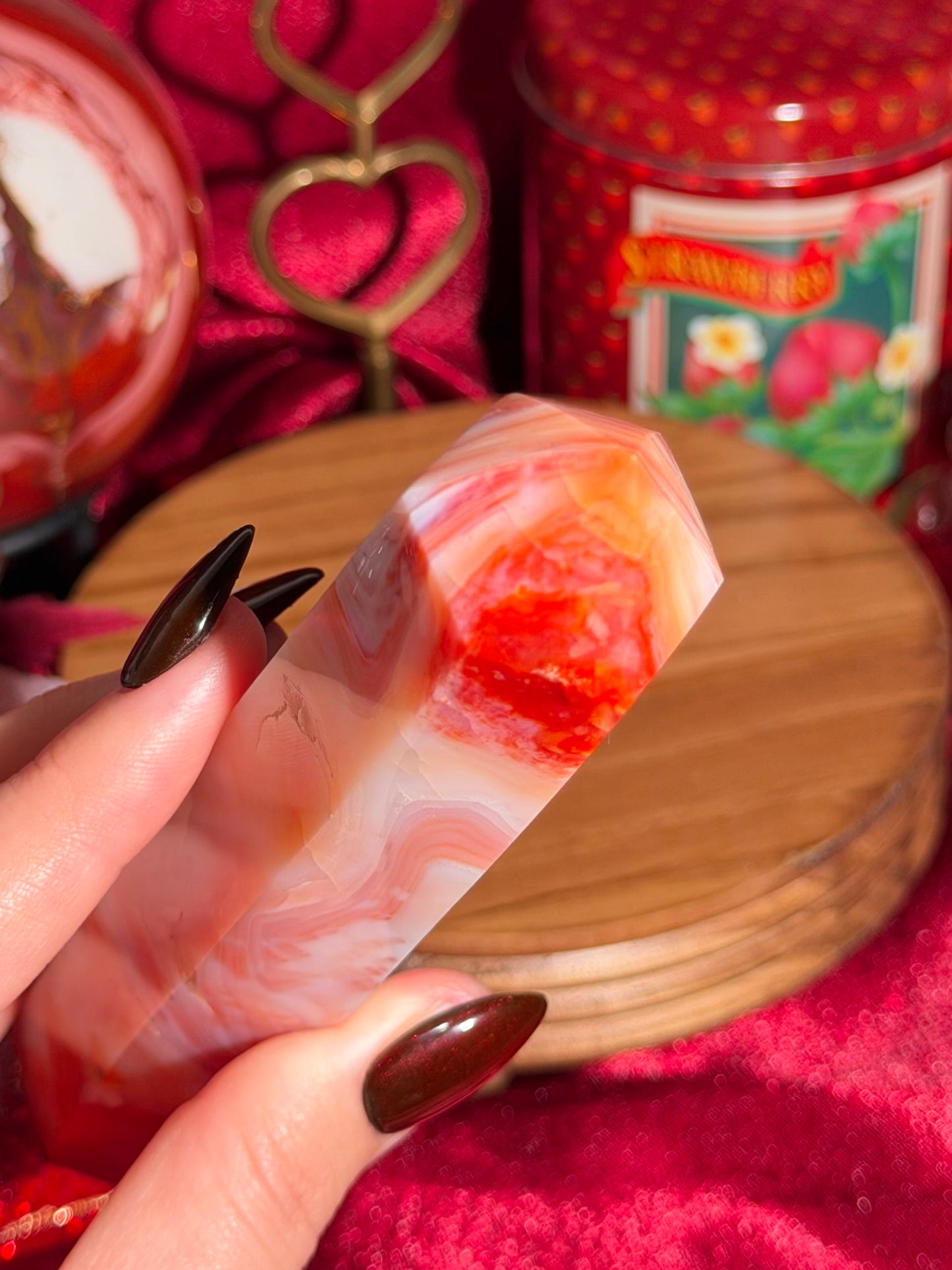 Strawberry pink banded carnelian tower