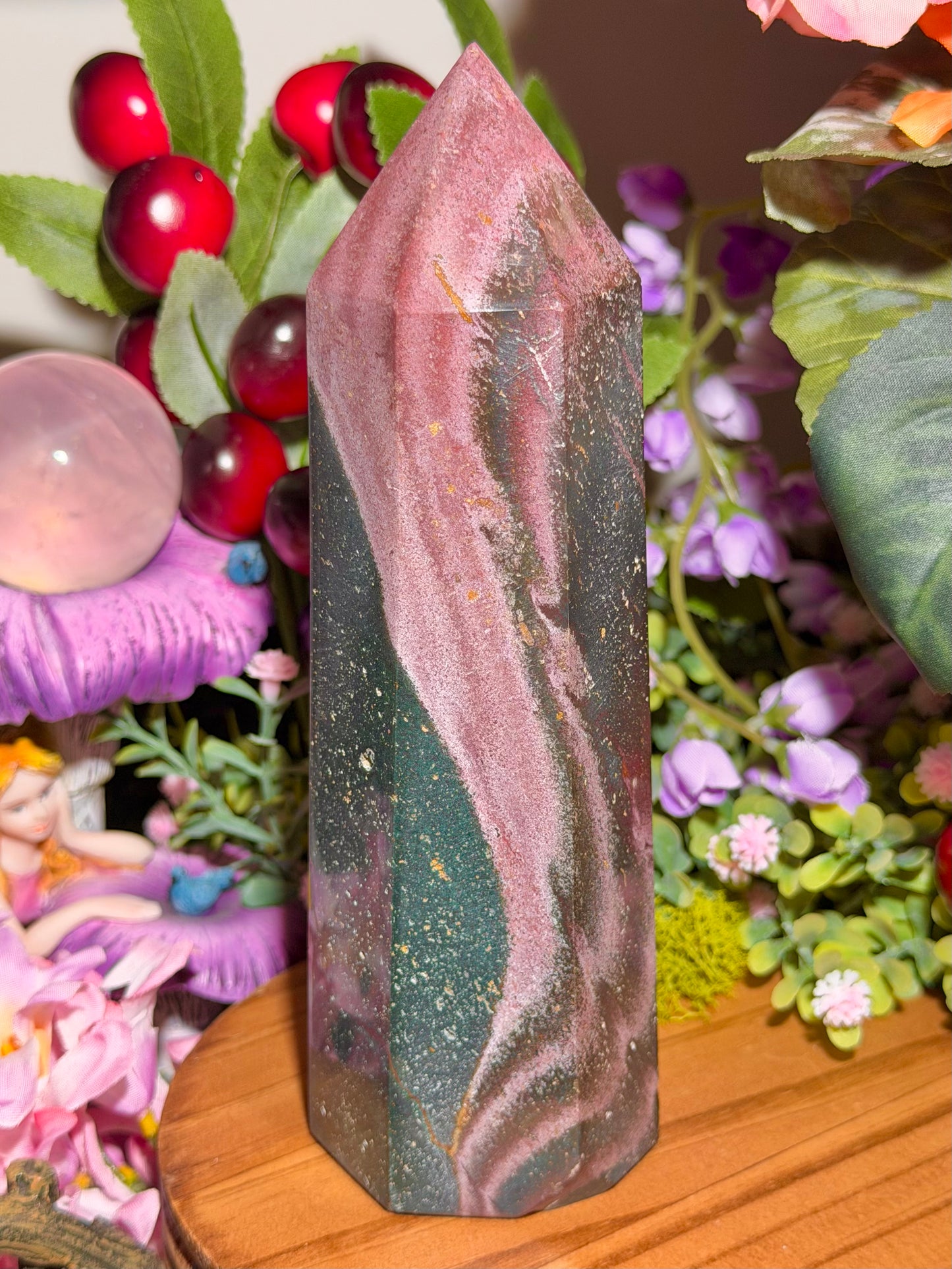 Pink and green sea jasper tower